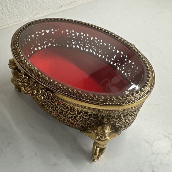 Vintage Ormulu Cherub Vanity Footed Jewelry Trinket Brass Box With Glass Top NIB - Picture 3 of 16